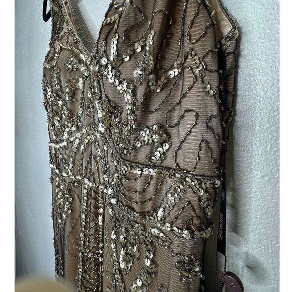 NWT Sue Wong Beaded Gold Mesh Top Black Fringe Bottom Evening Dress 8 - Picture 5 of 15